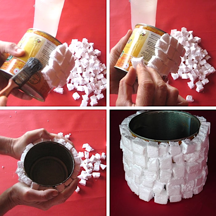 passar cola na lata, colar pedaços de isopor