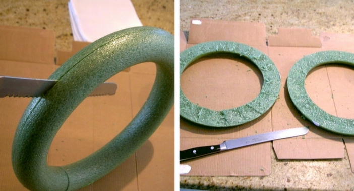 cortando pela metade a guirlanda de espuma