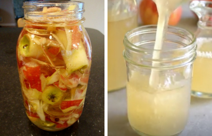 Vinagre de Maçã – Maneira mais fácil de fazer em casa jarro de vidro cheio de maças picadas e outro jarro com vinagre caseiro pronto para usar